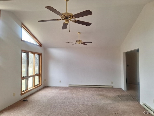 carpeted empty room featuring high vaulted ceiling, baseboard heating, and ceiling fan