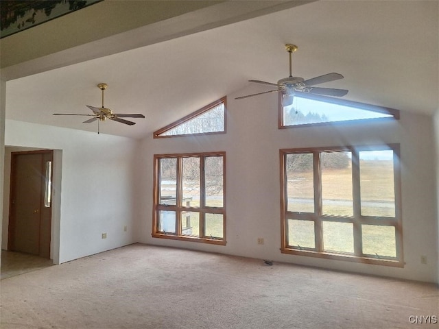 carpeted spare room with high vaulted ceiling