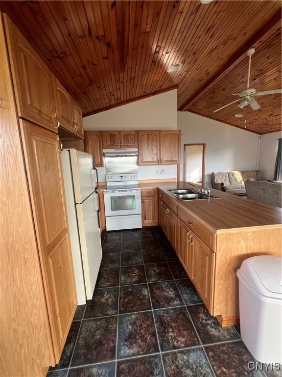 kitchen featuring dark tile patterned flooring, white appliances, wooden ceiling, ceiling fan, and lofted ceiling