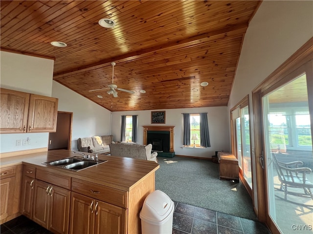 kitchen featuring kitchen peninsula, sink, dark colored carpet, ceiling fan, and wooden ceiling