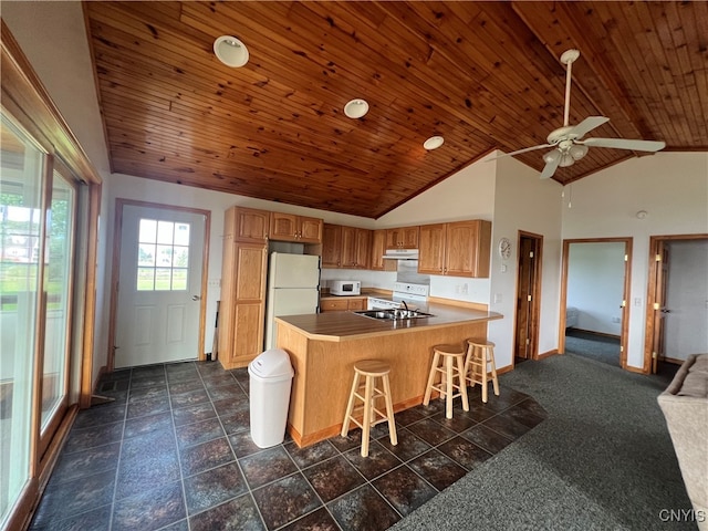 kitchen featuring ceiling fan, a breakfast bar, dark carpet, wooden ceiling, and white appliances