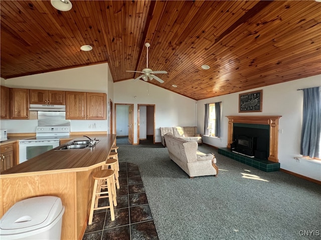 kitchen with sink, white electric stove, dark carpet, ceiling fan, and wood ceiling