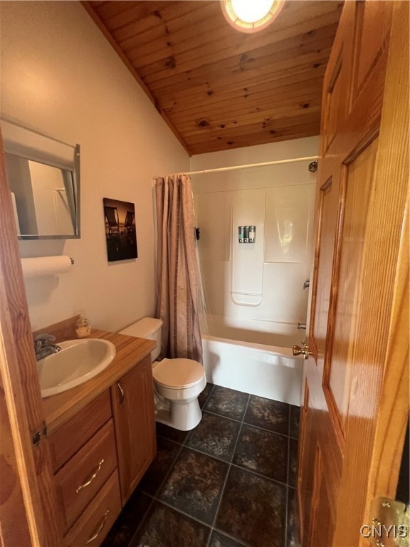 full bathroom featuring vanity, shower / bathtub combination with curtain, and wooden ceiling