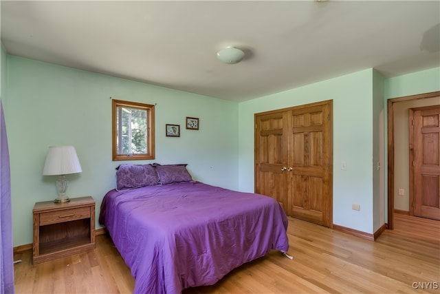 bedroom featuring light hardwood / wood-style floors and a closet