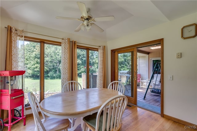 dining space with ceiling fan and light hardwood / wood-style floors