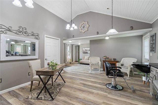 dining space featuring an inviting chandelier, hardwood / wood-style floors, wood ceiling, and high vaulted ceiling