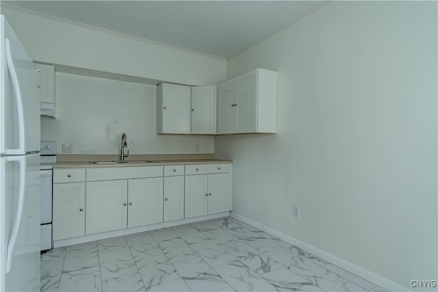 kitchen featuring sink, crown molding, white cabinets, white appliances, and light tile patterned flooring