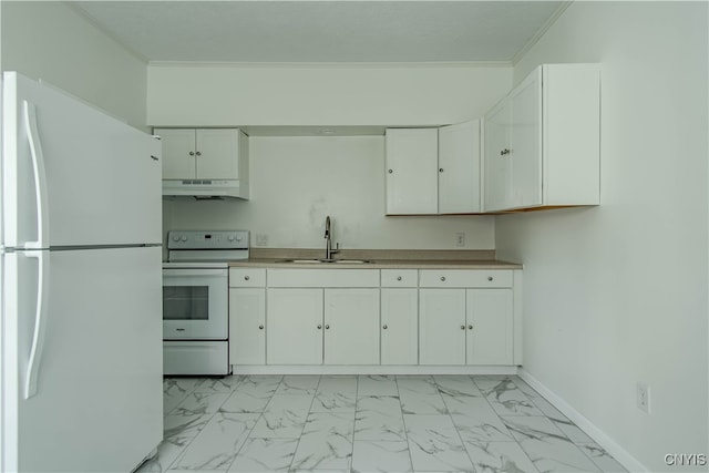 kitchen with sink, white appliances, light tile patterned flooring, and white cabinetry