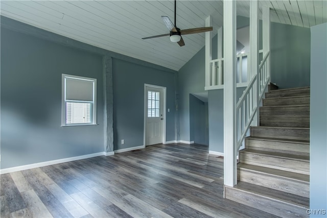 exterior space with ceiling fan, high vaulted ceiling, wooden ceiling, and wood-type flooring