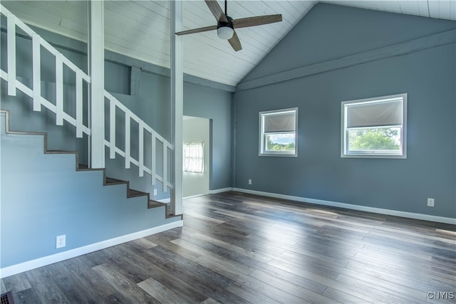 unfurnished living room featuring ceiling fan, high vaulted ceiling, and wood-type flooring