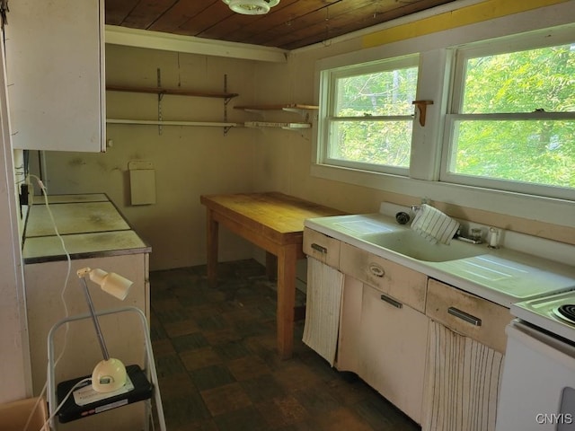 kitchen with white range with electric stovetop, wood ceiling, and a wealth of natural light