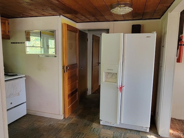 interior space with wooden ceiling and white appliances