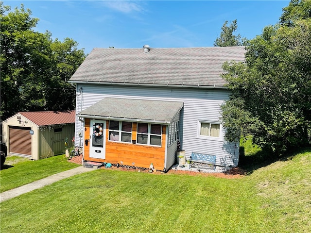 exterior space with a front yard and a shed