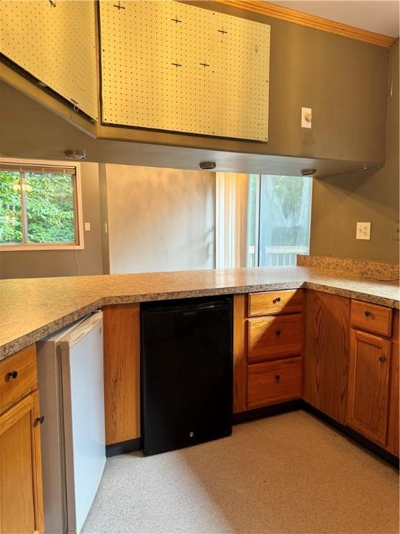 1356 Terry Clove Rd, Hamden, NY 13752 - kitchen featuring brown cabinetry, fridge, light countertops, crown molding, and a peninsula