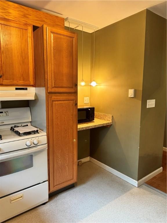 1356 Terry Clove Rd, Hamden, NY 13752 - kitchen featuring gas range gas stove, black microwave, under cabinet range hood, and baseboards