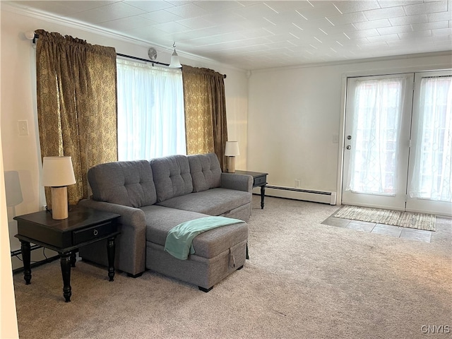 carpeted living room with baseboard heating and crown molding