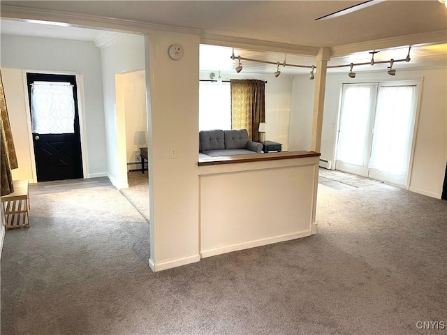 132 E Remington St, Rutland, NY 13612 - kitchen featuring carpet floors, rail lighting, open floor plan, baseboard heating, and baseboards