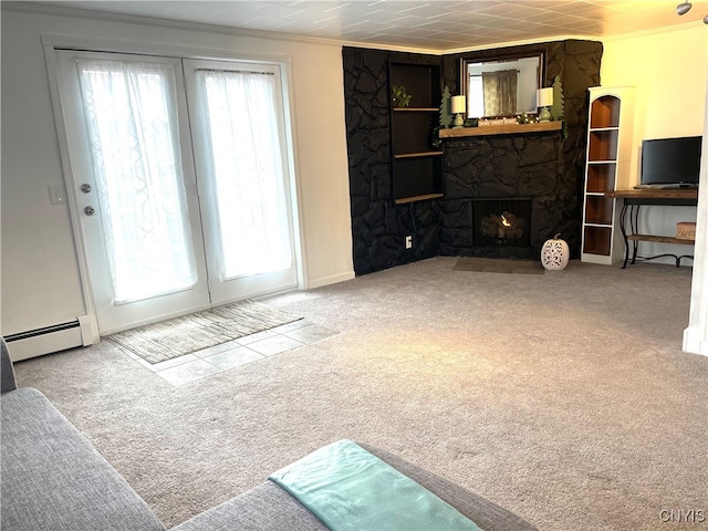 living room with light carpet, a baseboard radiator, a stone fireplace, and crown molding