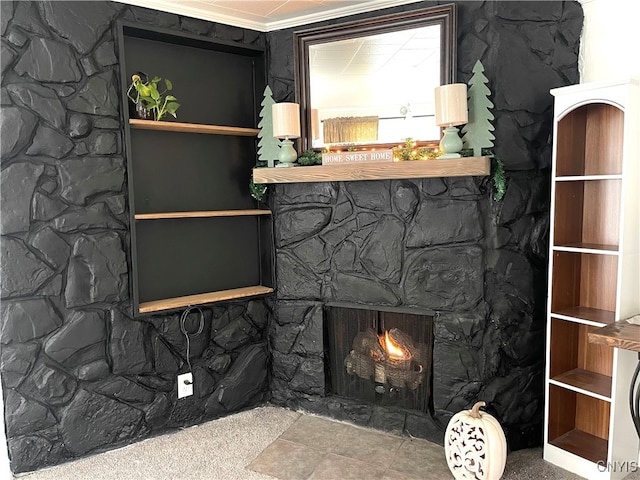 room details with a stone fireplace and ornamental molding