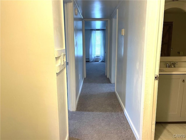 132 E Remington St, Rutland, NY 13612 - hall featuring light colored carpet, arched walkways, a sink, and baseboards