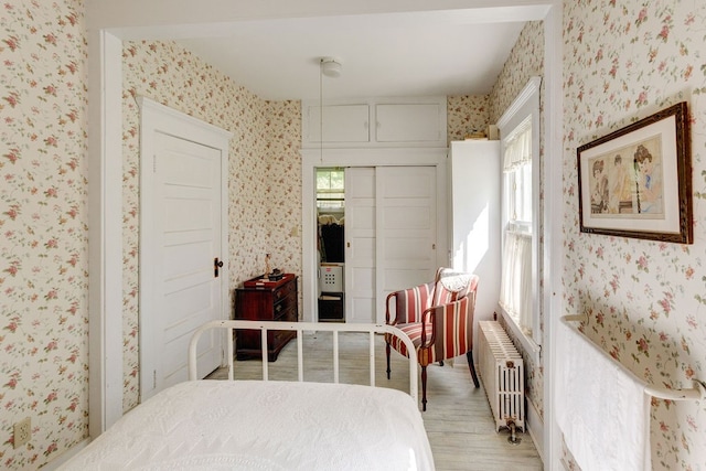 bedroom featuring radiator heating unit, light hardwood / wood-style flooring, and a closet