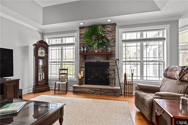 living room featuring a fireplace, a tray ceiling, light hardwood / wood-style floors, and a high ceiling