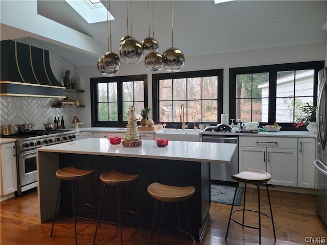 kitchen featuring appliances with stainless steel finishes, dark hardwood / wood-style flooring, a kitchen island, and sink