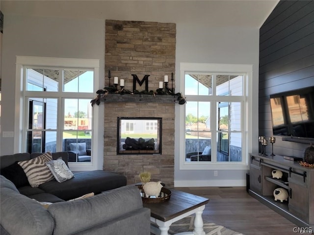 living room with dark hardwood / wood-style floors