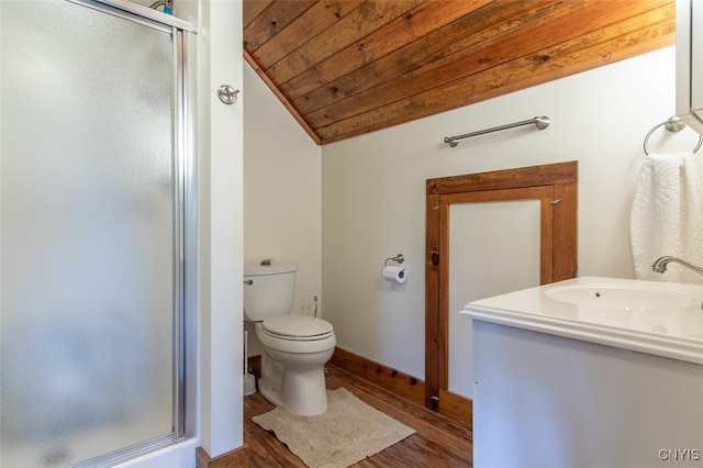 bathroom with hardwood / wood-style floors, vaulted ceiling, vanity, wood ceiling, and toilet