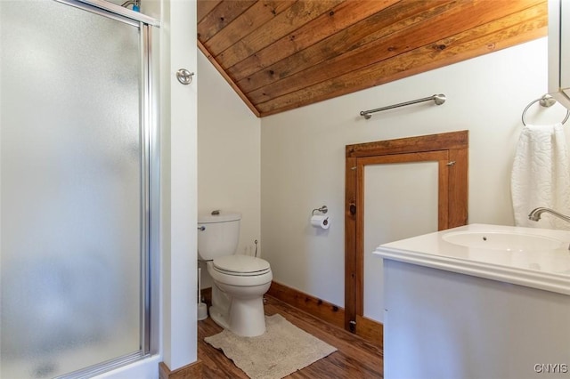 27454 County Route 57, Lyme, NY 13693 - full bathroom featuring a stall shower, wood finished floors, toilet, vanity, and wood ceiling