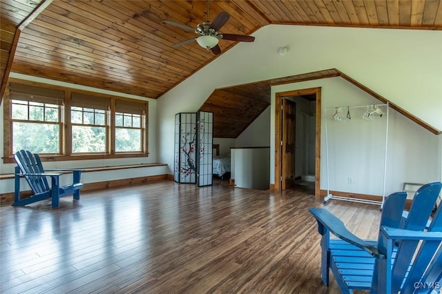 27454 County Route 57, Lyme, NY 13693 - sitting room featuring a ceiling fan, wood ceiling, vaulted ceiling, wood finished floors, and baseboards