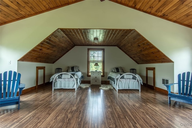 bedroom featuring dark hardwood / wood-style flooring, lofted ceiling, and wooden ceiling