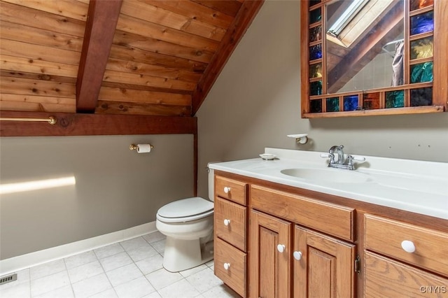 27454 County Route 57, Lyme, NY 13693 - bathroom with vanity, toilet, tile patterned floors, and wooden ceiling