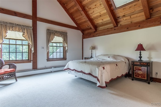 bedroom with a baseboard radiator, carpet, vaulted ceiling with skylight, and wood ceiling