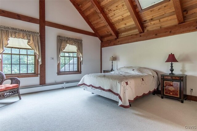 27454 County Route 57, Lyme, NY 13693 - bedroom featuring carpet floors, wood ceiling with exposed beams, baseboard heating, and high vaulted ceiling