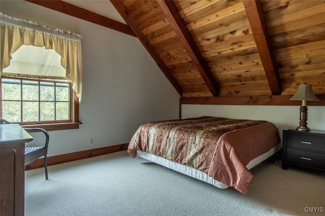 carpeted bedroom featuring wood ceiling and lofted ceiling with beams