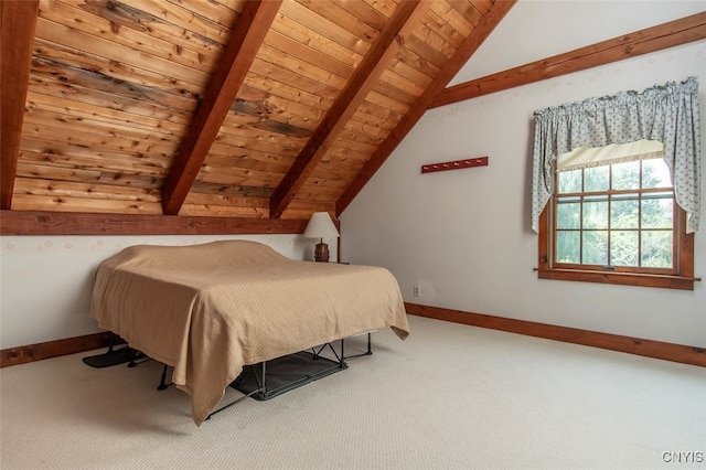 carpeted bedroom featuring wood ceiling and lofted ceiling with beams