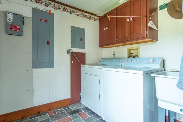 27454 County Route 57, Lyme, NY 13693 - laundry room with electric panel, separate washer and dryer, cabinet space, and stone finish floors