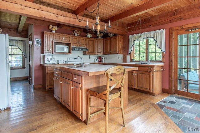 27454 County Route 57, Lyme, NY 13693 - kitchen with white appliances, under cabinet range hood, wooden ceiling with exposed beams, light wood-style flooring, and light countertops