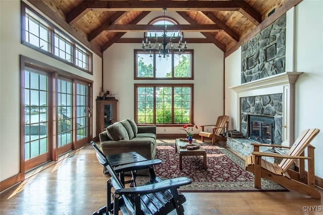 sitting room with beam ceiling, hardwood / wood-style floors, and wooden ceiling