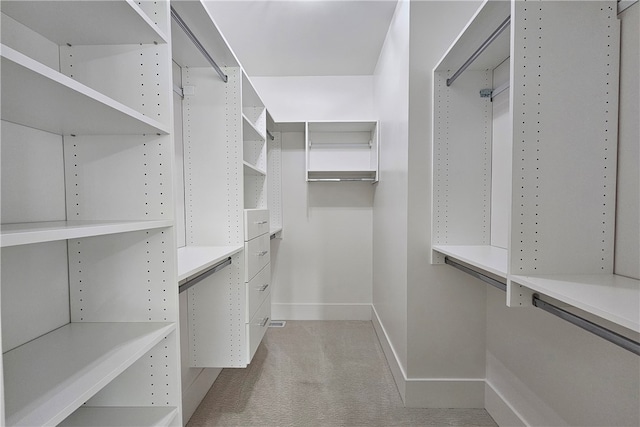 walk in closet with light carpet