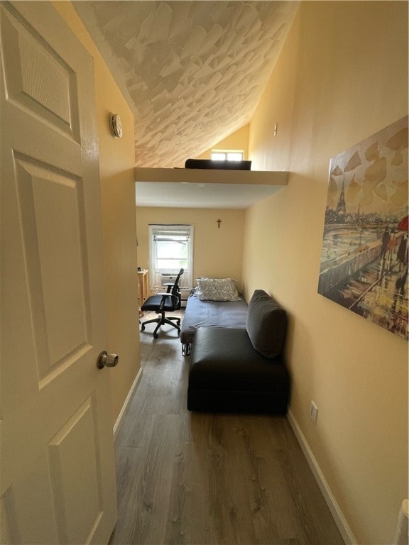 bedroom featuring vaulted ceiling and wood-type flooring