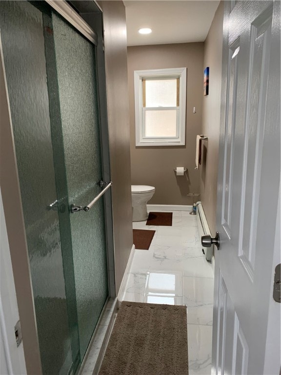 bathroom with toilet, an enclosed shower, and tile patterned flooring