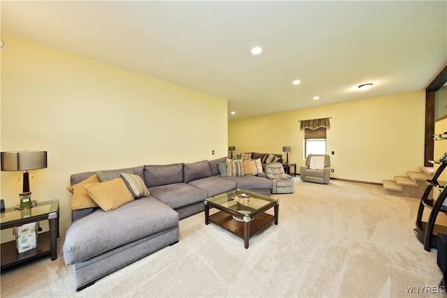 living room featuring light carpet