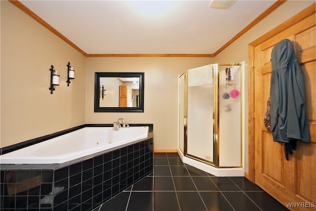 bathroom featuring crown molding, shower with separate bathtub, and tile patterned floors