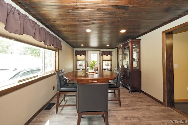 dining room with wooden ceiling and light hardwood / wood-style flooring