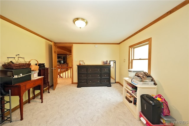 interior space with ornamental molding and light carpet