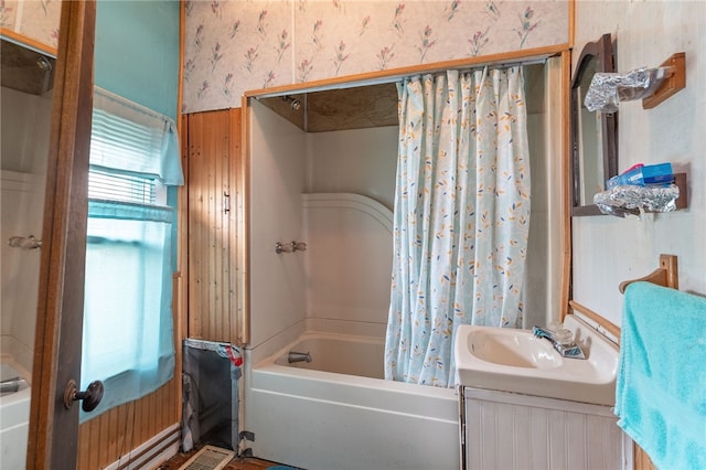 1793 County Highway 9, Davenport, NY 12197 - bathroom featuring wallpapered walls, shower / bath combo, and vanity