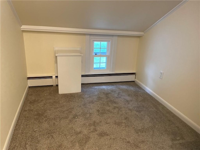 unfurnished bedroom featuring ornamental molding and dark carpet