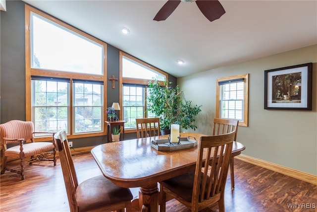 dining area with ceiling fan, vaulted ceiling, and hardwood / wood-style flooring